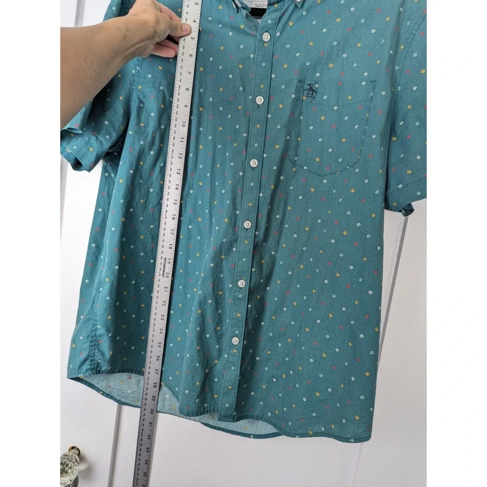 Original Penguin Shirt Mens XL Teal Floral Button Front Short Sleeve Pocket - Picture 5 of 9